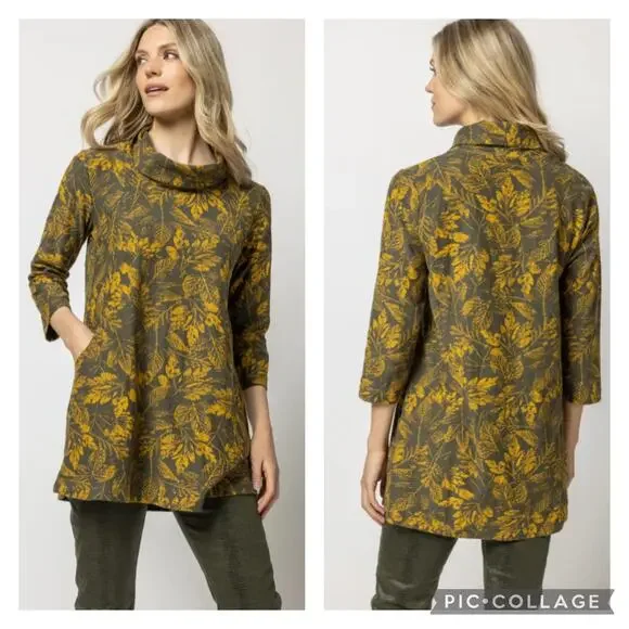 Komil Salvia Print Cowl Neck Tunic Top Cotton Lagenlook Gray Yellow Size Medium - Picture 1 of 7